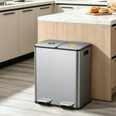 Silver Dual Compartment Pedal Recycling Bins with Inner Buckets, 2 X 20 L