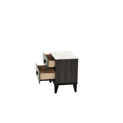 Table de chevet en chêne gris foncé avec attrait rustique et garniture en faux marbre, 23 po x 15 po x 23 po