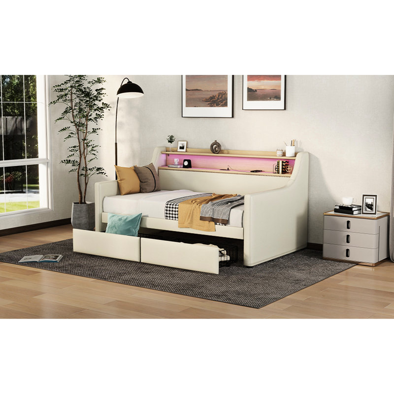 Lit de jour simple beige avec rangement et charge, lumières DEL pour une expérience gracieuse, options de taille simple, station de charge