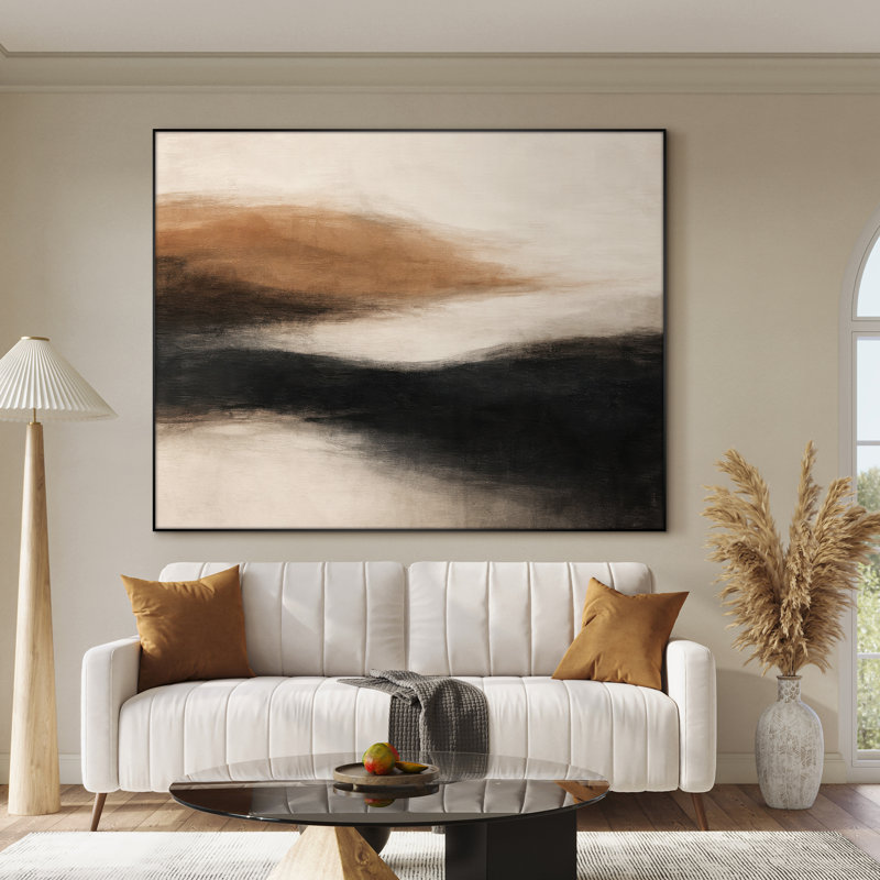 Extra Large Wall Art Fabric Print - Minimalist Neutral Horizon Abstract in Brown and Black for Modern Living Room - "Frame Assembly Required (Unfinished Frame)"