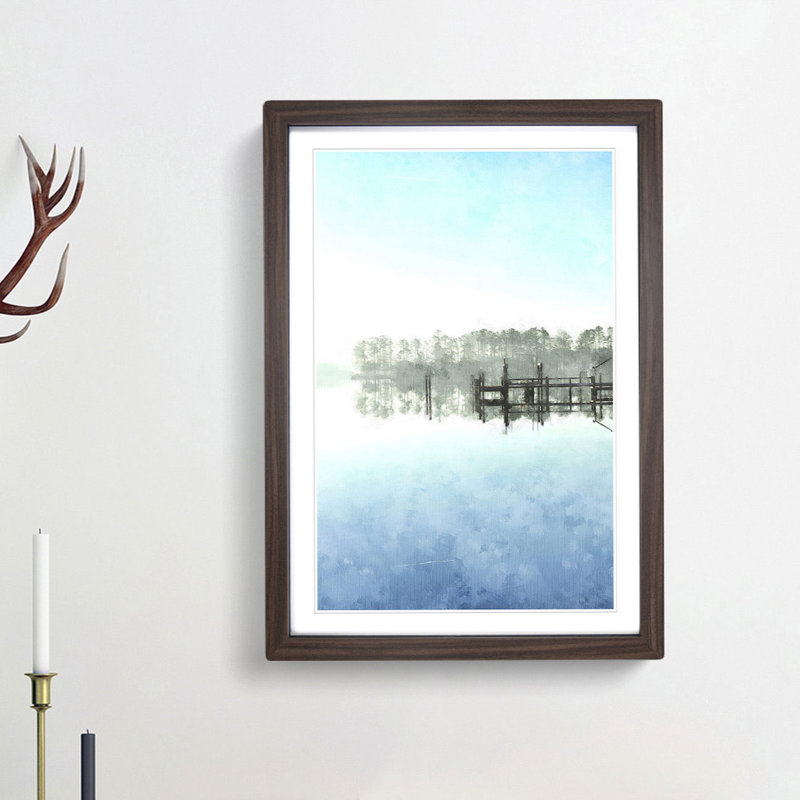 Trees Reflecting in a Lake in North Carolina - Picture Frame Painting Print, Walnut Framed, 63cm H x 45cm W x 2cm D