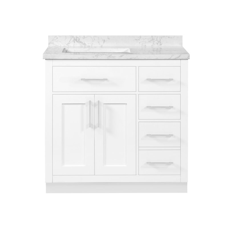 Athea 36 in. Single Sink Freestanding White Bathroom Vanity with White Engineered Marble Top, Brushed Nickel Hardware, White