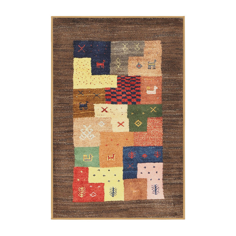 Tapis contemporain rouge / vert / beige Bosnjak, Rectangle 5 pi x 7 pi