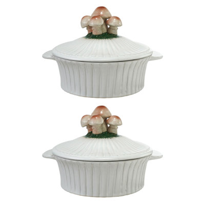 Hand-Painted Stoneware Fluted Bakers With Mushroom Motifs