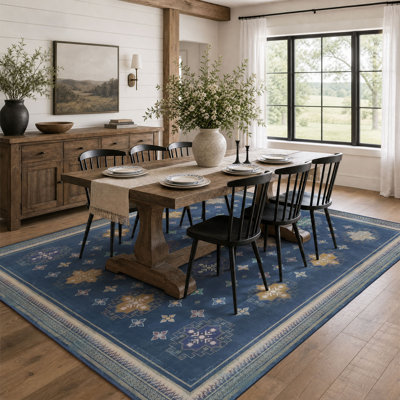 Non Slip Rug Pads 8x10 Large Area Rugs for Living Room,Washable Foldable Dining Table Area Rug Geometric Star Medallions Area Rug, Midnight Blue