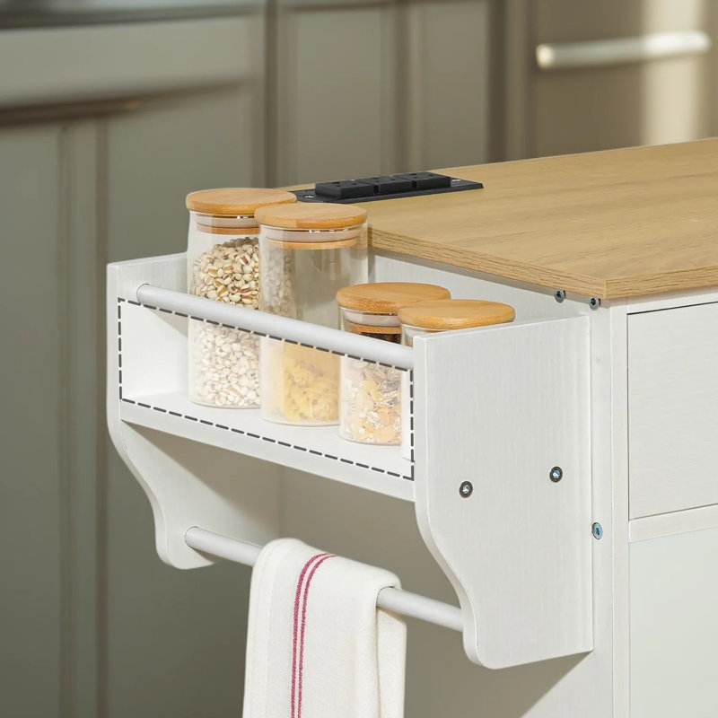 Îlot de cuisine avec rangement pour poubelle et prise de courant, chariot de cuisine mobile à roulettes avec armoire basculante cachée, support à épices et roues verrouillables pour un rangement et une mobilité accrus
