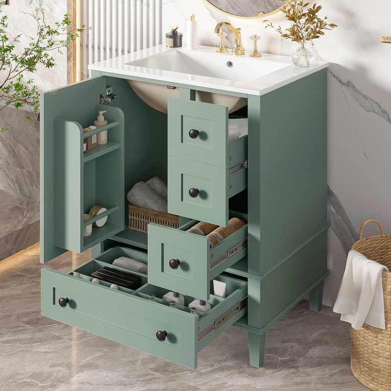 Meuble-lavabo de salle de bain avec lavabo en céramique intégré, Vert