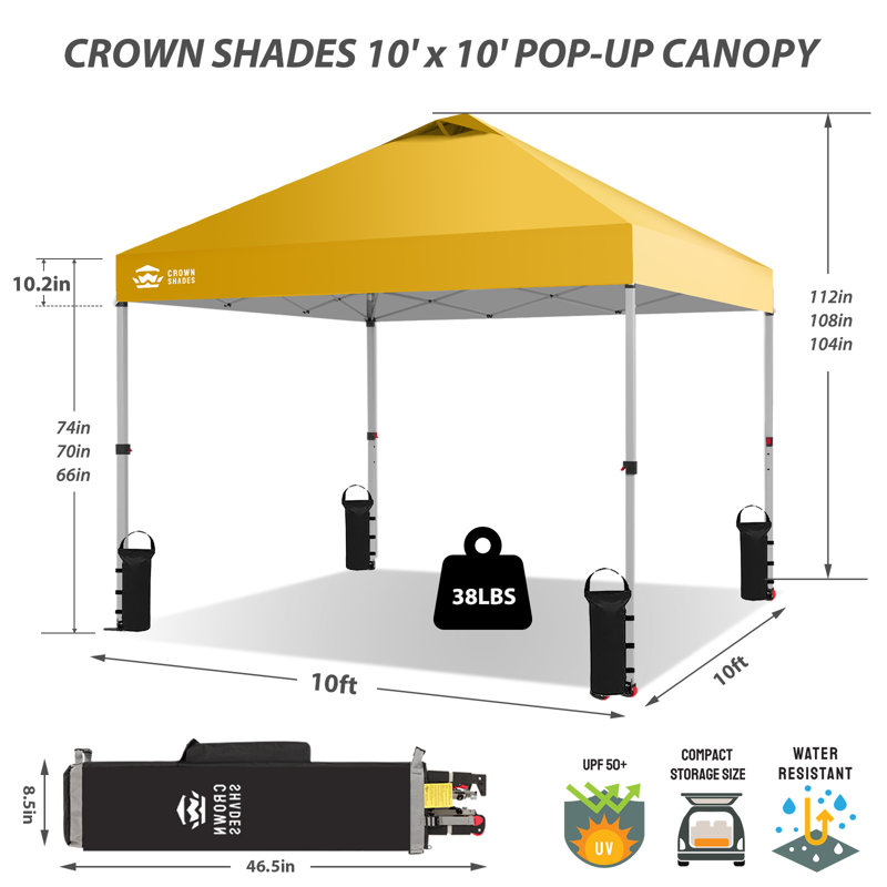 10 Ft. W x 10 Ft. D Metal Pop Up Canopy Tent with One Push Setup, Yellow