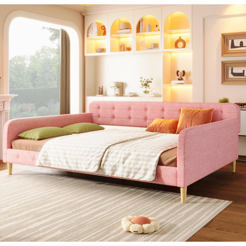Grand lit de jour rembourré rose avec 4 pieds de soutien - robuste pour chambre d'amis / salon, Rose