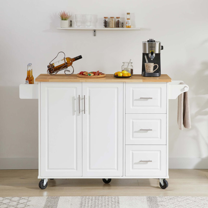 54" Kitchen Storage Islands with 3 drawers Drop-Leaf Table, White