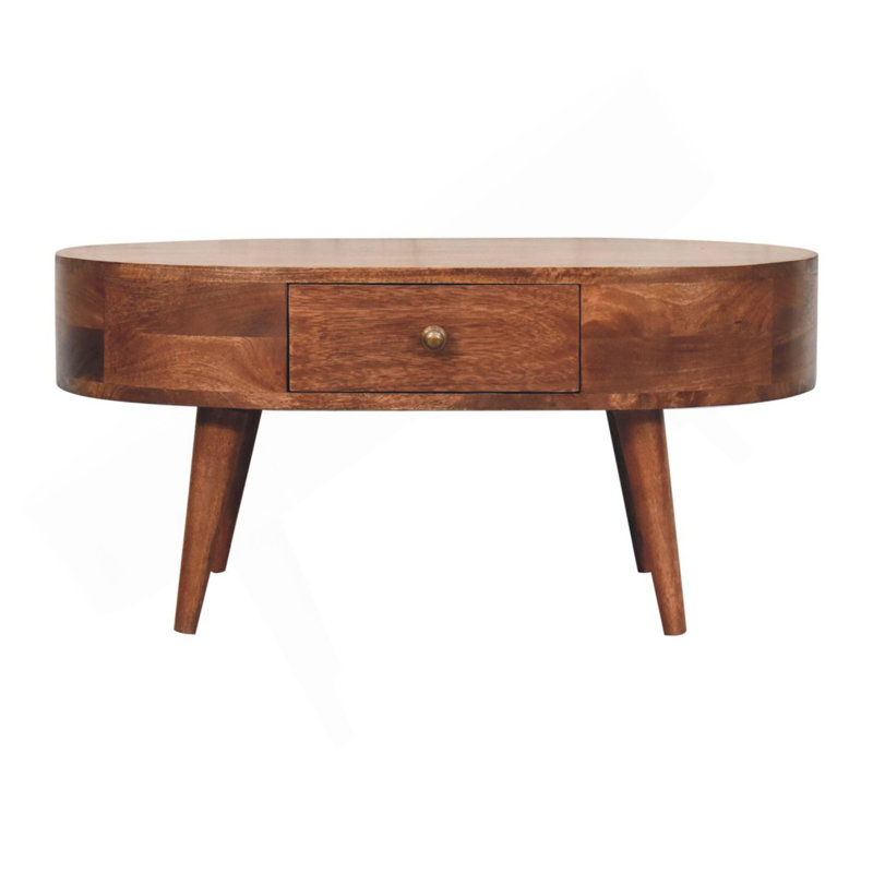Table basse en bois caramel miel, 2 tiroirs, pieds nordiques, brun