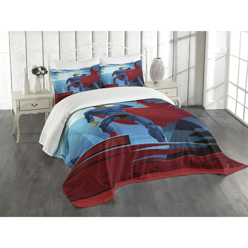 Superhero Blue and Red Queen Bedspread Set with Shams