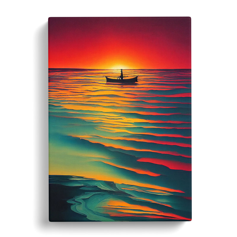 Boat And The Ocean Sunset - Print, Wrapped Canvas, 60cm H x 40cm W x 3cm D, No Matte