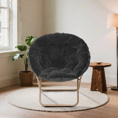 ​​300Lb Capacity Folding Saucer Chair 33" Round Metal Frame Synthetic Fur​​ Lounge Chair X-Base 6.5" Fold Depth