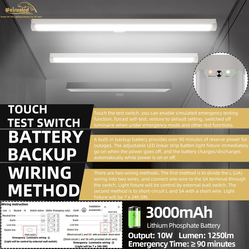 4FT Tri-Level Motion Sensor LED Linear Strip 10W Emergency Output Stairwell Light w/Remote, CCT 20W/40W 125lm/w, Battery Backup, 30K/40K/50K, Dimmable 4 Foot Commercial Shop Ceiling Light Fixture, ETL