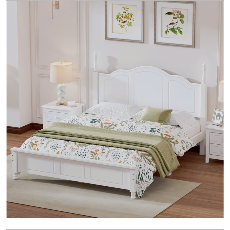 Base de lit plateforme en bois, lit plateforme de style rétro avec support en lattes de bois, Blanc, Grand lit