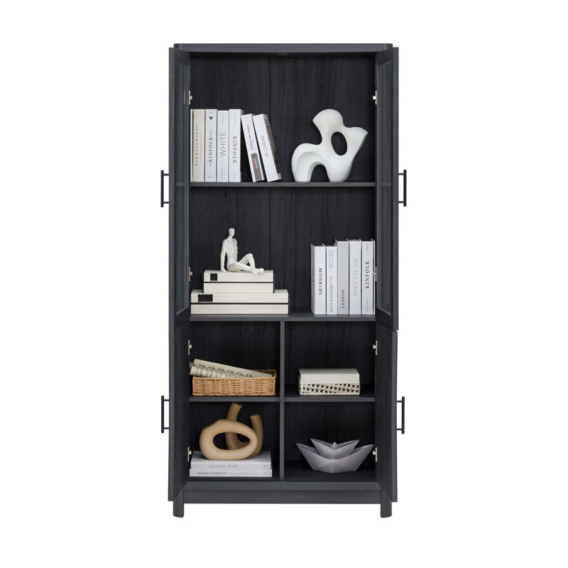 Jodie 67.6" H x 31" W Mid-Century Modern 6-Shelf Bookcase with Tempered Glass Doors in Charcoal Gray, Charcoal Gray
