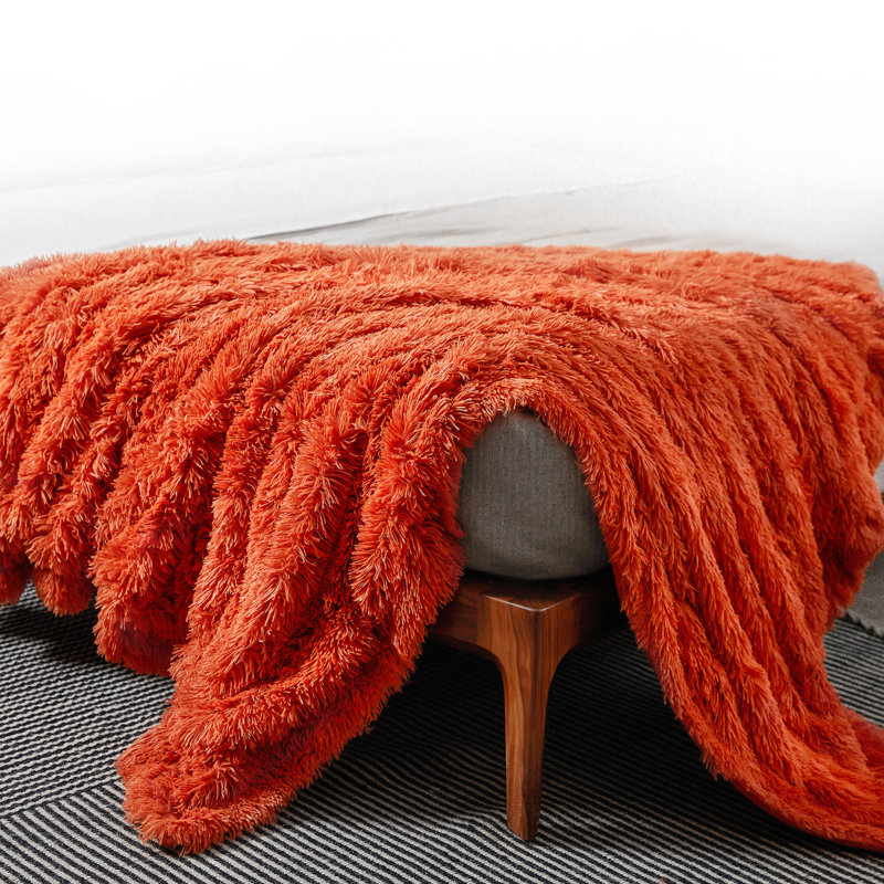 Rust Orange Reversible Faux Fur and Fleece Throw Blanket 60" x 70"