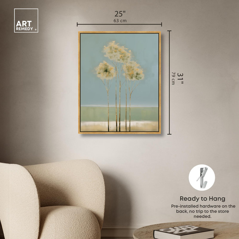 «Sage Green Tree», toile minimaliste par Art Remedy, H 31 po x l 25 po, Cadre flottant doré
