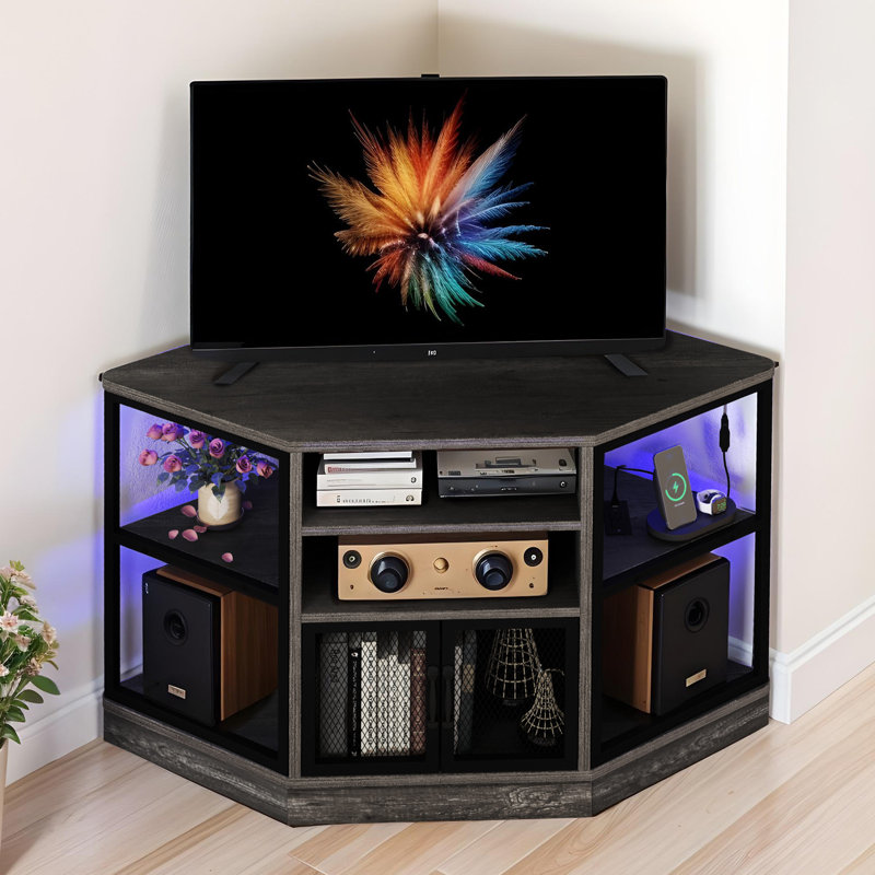 Kaitee 47W Corner TV Stand with LED Lights Media Storage for TVs up to 55" , Dark Gray
