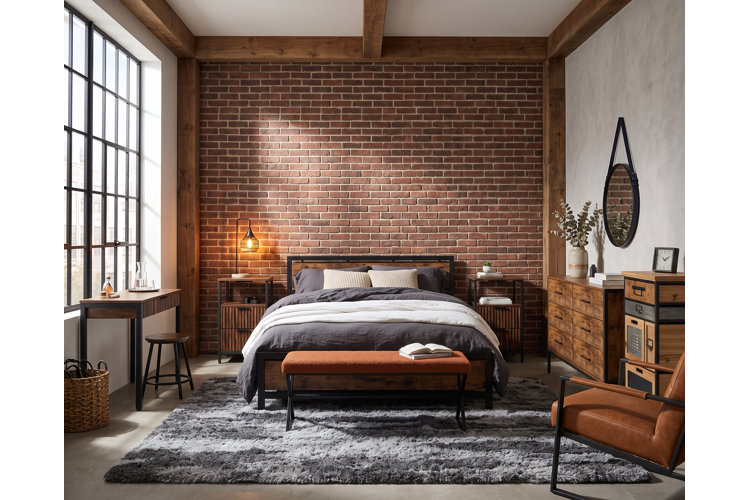 Industrial bedroom with an exposed brick accent wall, a metal bed frame, leather accent chair, and gray shag rug.
