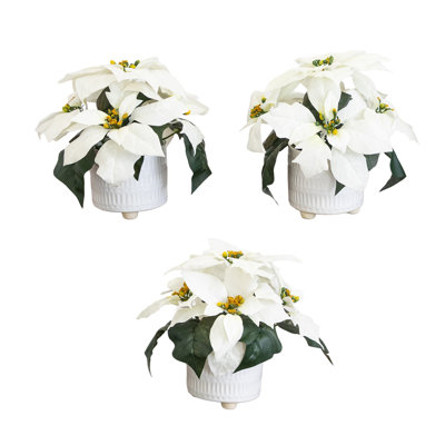 9in. Artificial White Poinsettia Arrangements in White Ceramic Pots - Set of 3