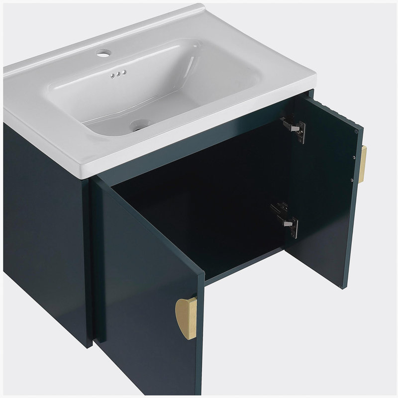 Meuble-lavabo de 28 po avec lavabo en céramique, pour petite salle de bain, meuble-lavabo avec porte, Vert/doré, 28"