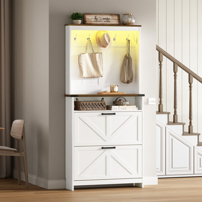 Farmhouse Shoe Storage Cabinet Hall Tree With 2 Flip Drawers And LED Light by One Allium Way