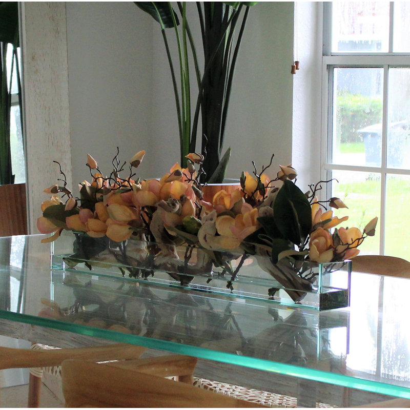 Glass Plate Magnolia Floral Arrangement And Centerpiece In Planter, Peach, 10" H x 48" W x 7" D