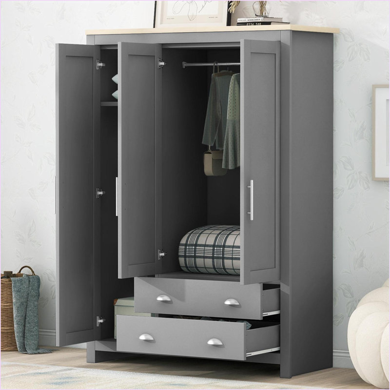 Commodes et amp; Garde-robes | Garde-robe à 3 portes avec 2 tiroirs 2 tiges de suspension | Pin massif et panneau de fibres à densité moyenne | Gris