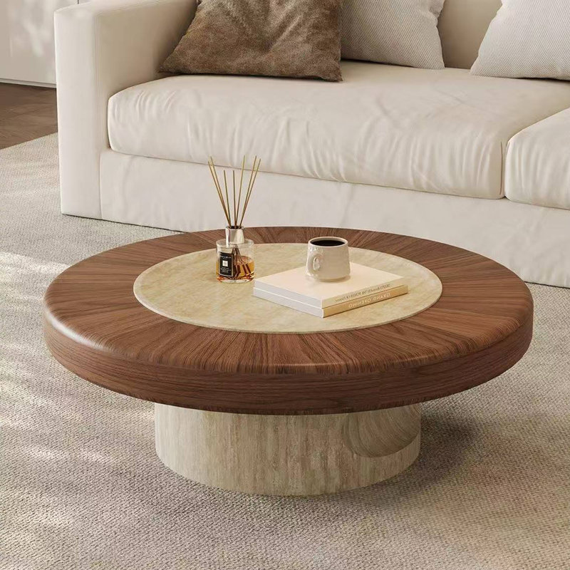 Table basse ronde de 35,4 po avec placage en noyer et plateau en pierre frittée en travertin, conception moderne Wabi-Sabi, aucun assemblage requis