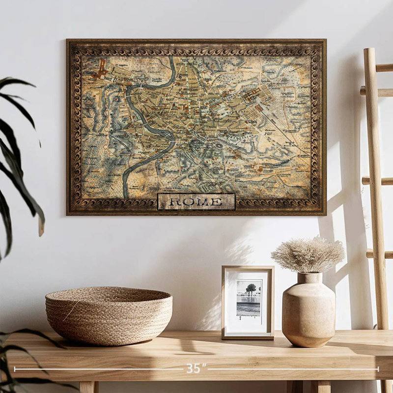 Carte rétro de la ville de Rome, 25 po x 17 po, Cadre flottant noyer