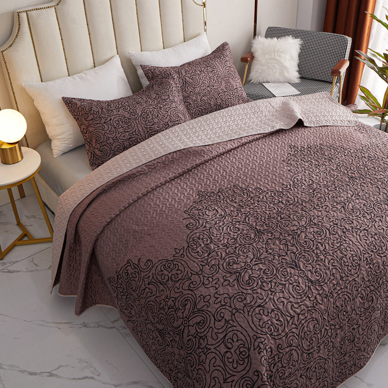 Polyester Percale Floral Coverlet, King Coverlet / Bedspread + 2 Shams, Coffee