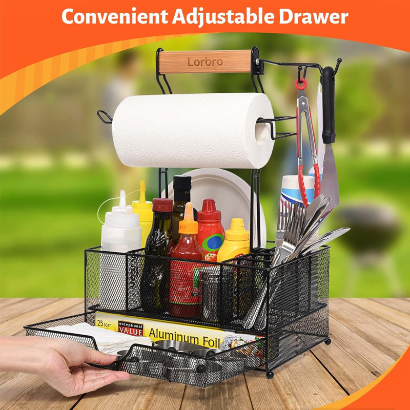 Grande boîte de rangement pour ustensiles de barbecue avec tiroir, boîte de rangement pour camping pique-nique avec porte-serviettes en papier, boîte de rangement pour outils de barbecue, boîte de rangement idéale pour les condiments de pique-nique e