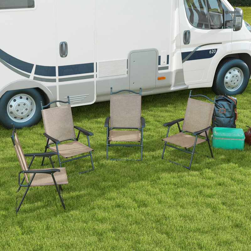 4 chaises de patio pliantes, brunes. Et siège respirant pour adultes. Chaises de camping avec fauteuil inclinable à gravité. Confort verrouillable à angle verrouillable. Porte-gobelets et espaces de rangement. Facile à plier