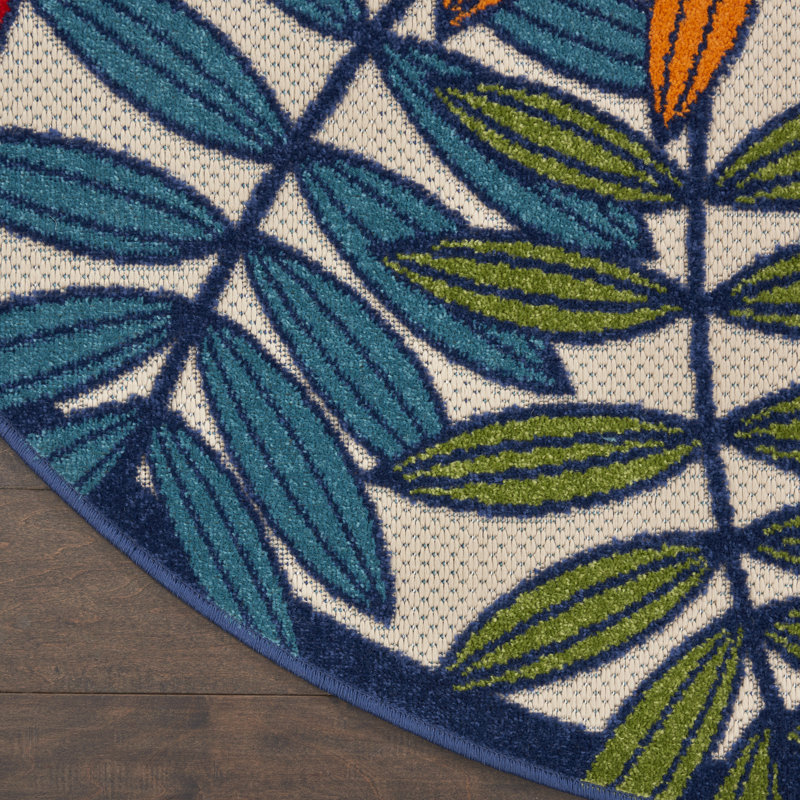 Tapis or, vert et bleu à motif floral pour l'intérieur et l'extérieur Eaglin, Rond 4 pi