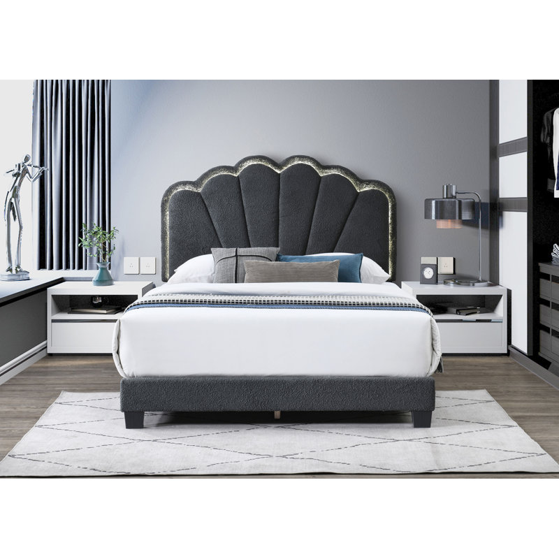 Fabric LED Light HB Platform Bed W/ LED Light & Chunky Leg (Fully Slated), Full, Dark Gray