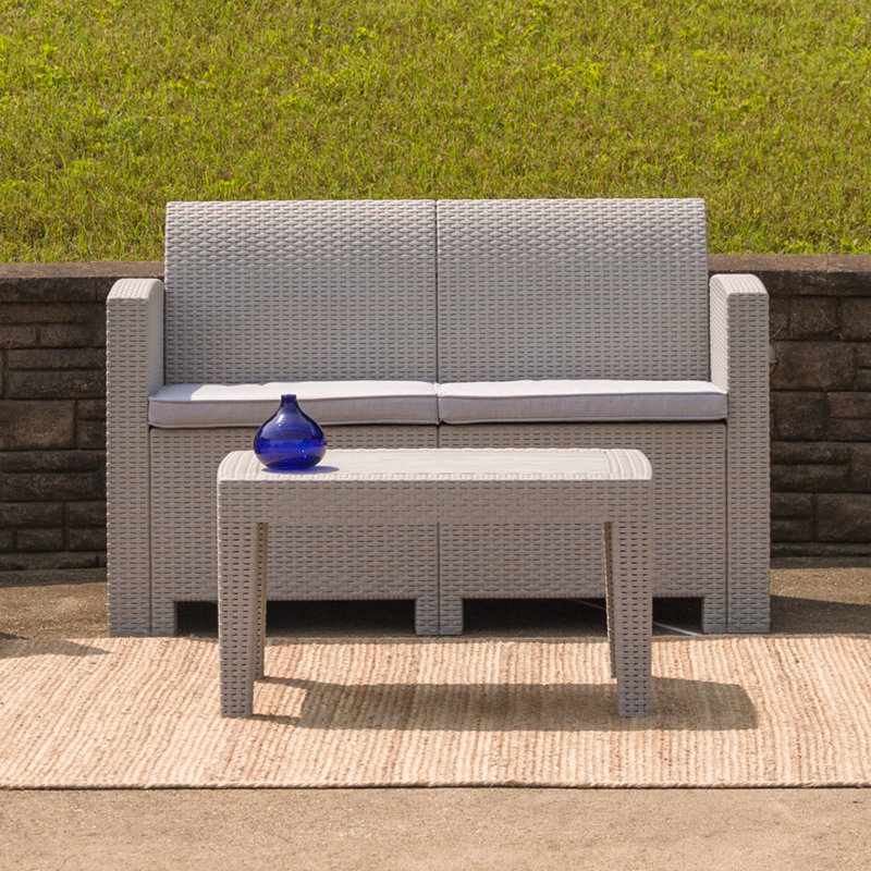 Alderman Faux Rattan Loveseat with All-Weather Cushions, Light Gray
