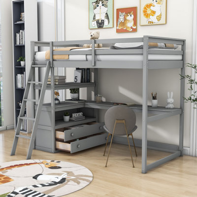 Lit mezzanine simple en bois avec rangement et bureau
