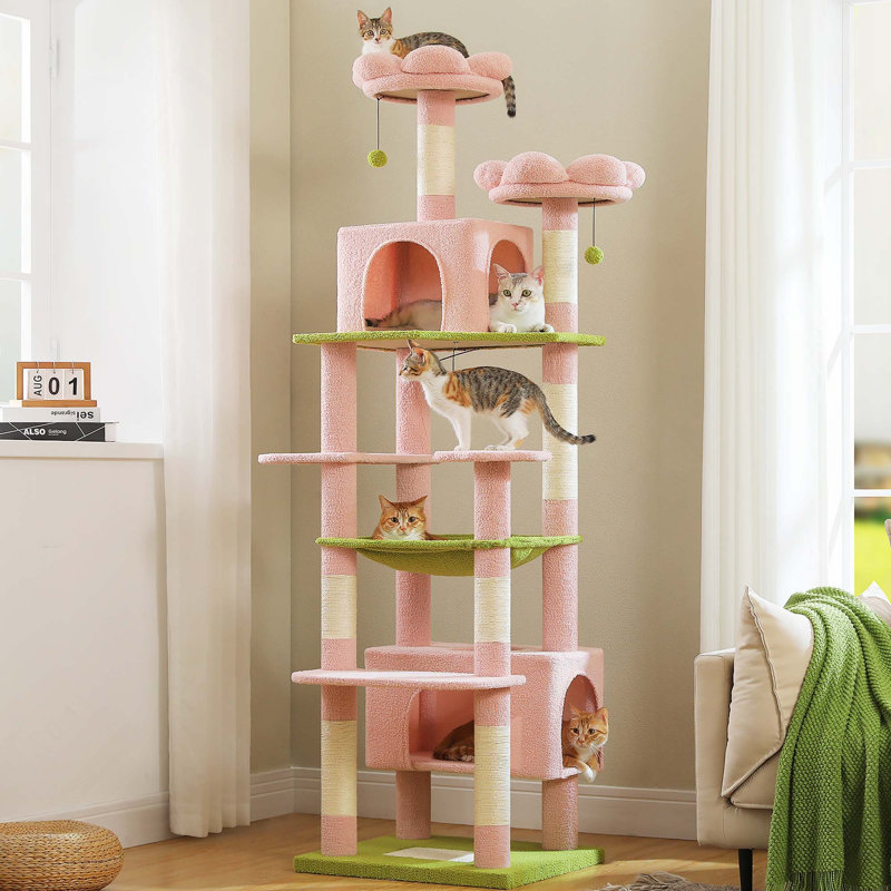 Tour pour chat de 81 pouces de haut avec 2 perchoirs, 2 condos et hamac spacieux, très grand condo avec 7 poteaux à griffer pour chats adultes et plus de 20 lb