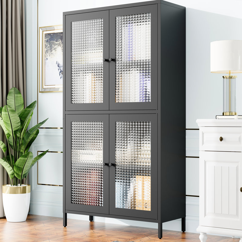 Black Metal Cabinet With 4 Glass Doors And Superior Quality For Office Classic Bookcase Tempered -