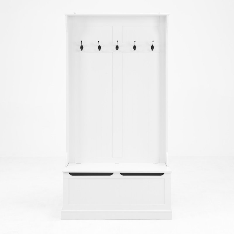 Entryway Bench With Standing Coat Rack, Hall Tree With Shoe Storage Bench, Entryway Organizer With 5 Hooks, White