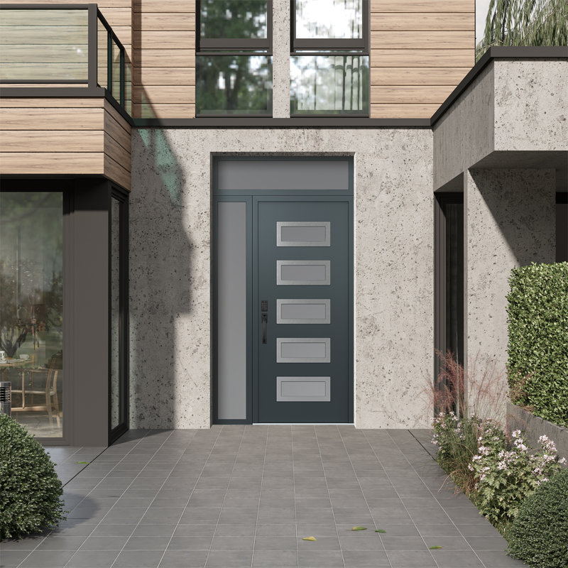 D1 Panneau droit en acier argenté anthracite et anthracite de 48 po x 96 po avec porte d'entrée avant pré-montée en verre givré et latéral