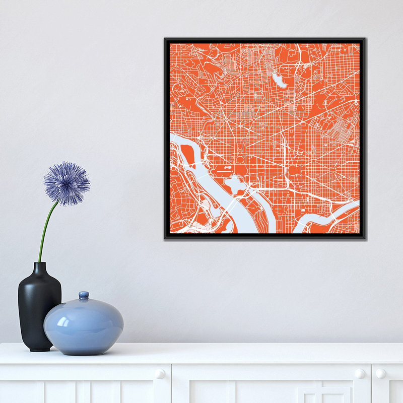 « washington d.c. routes », impression verticale sur toile tendue orange, H 37 po x l 37 po x P 1,5 po, Toile avec cadre noir