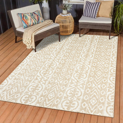 Cyndia Beige/Ivory Ikat Transitional Indoor/Outdoor Area Rug -  Dakota Fields, 855668BA7F3940F1B7689D1570C60931