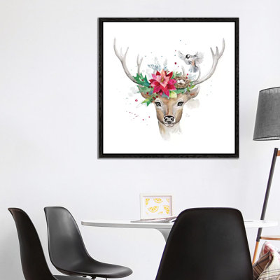 Woodland Deer With Bird 1 Piece Floater Frame Wall Art on Canvas