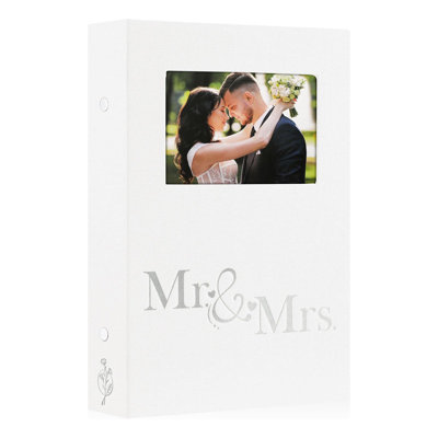White Linen Mr & Mrs Wedding Album, 300 Horizontal 4x6 Slip-In Photos Memory Book with Display Window