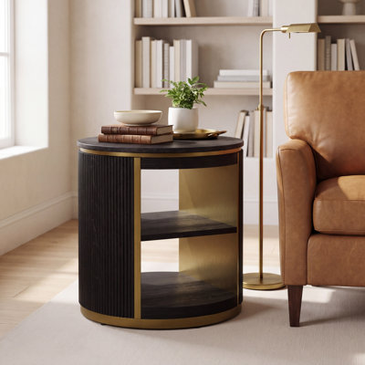Table de bout ronde en bois massif noir avec rangement, table d'appoint de salon moderne Mid-Century entièrement assemblée avec bordure dorée brossée et base cannelée