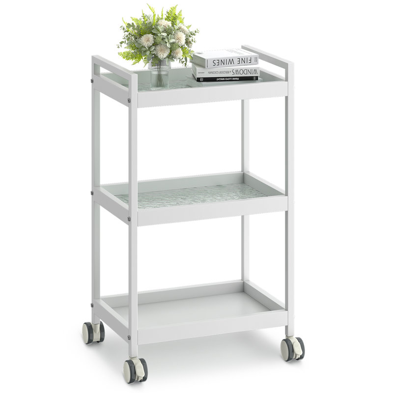 3-Tier Glass Utility Cart Rolling Metal Storage Organizer with Wheels, White