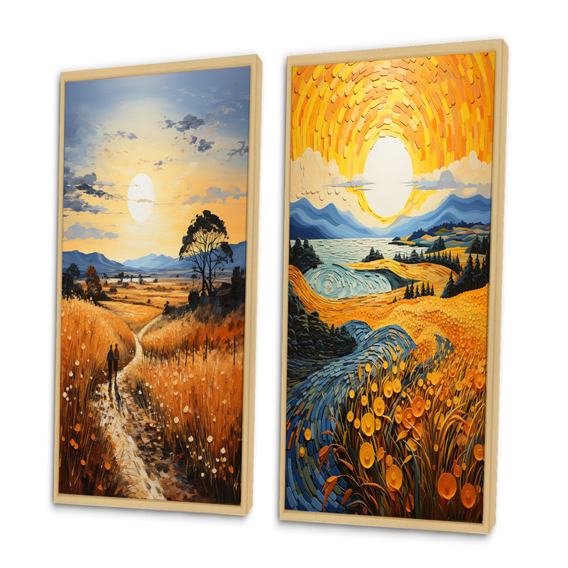 «Vangogh Harvest Time In The Wheat Fields», 2 pièces, Encadrement brun, H 32 po x l 32 po